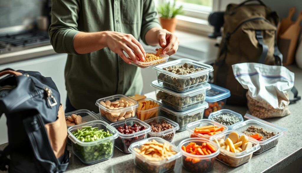 Pessoa preparando alimentos para levar em trilha, organizando diferentes opções em recipientes