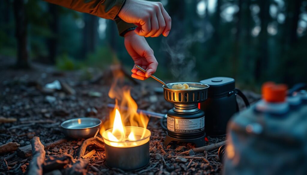 Pessoa preparando refeição em fogareiro compacto durante acampamento