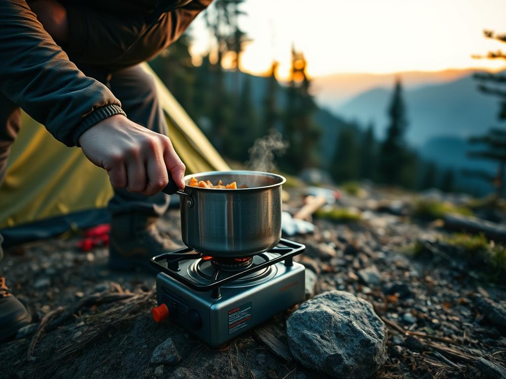 Pessoa preparando refeição em fogareiro durante acampamento