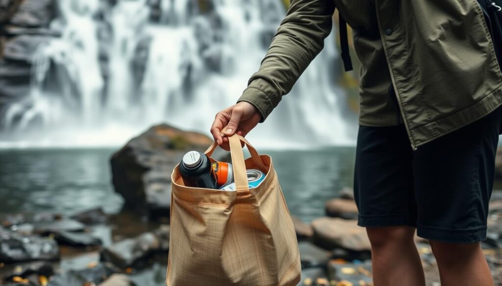 Pessoa recolhendo seu próprio lixo após visita à cachoeira, demonstrando respeito à natureza