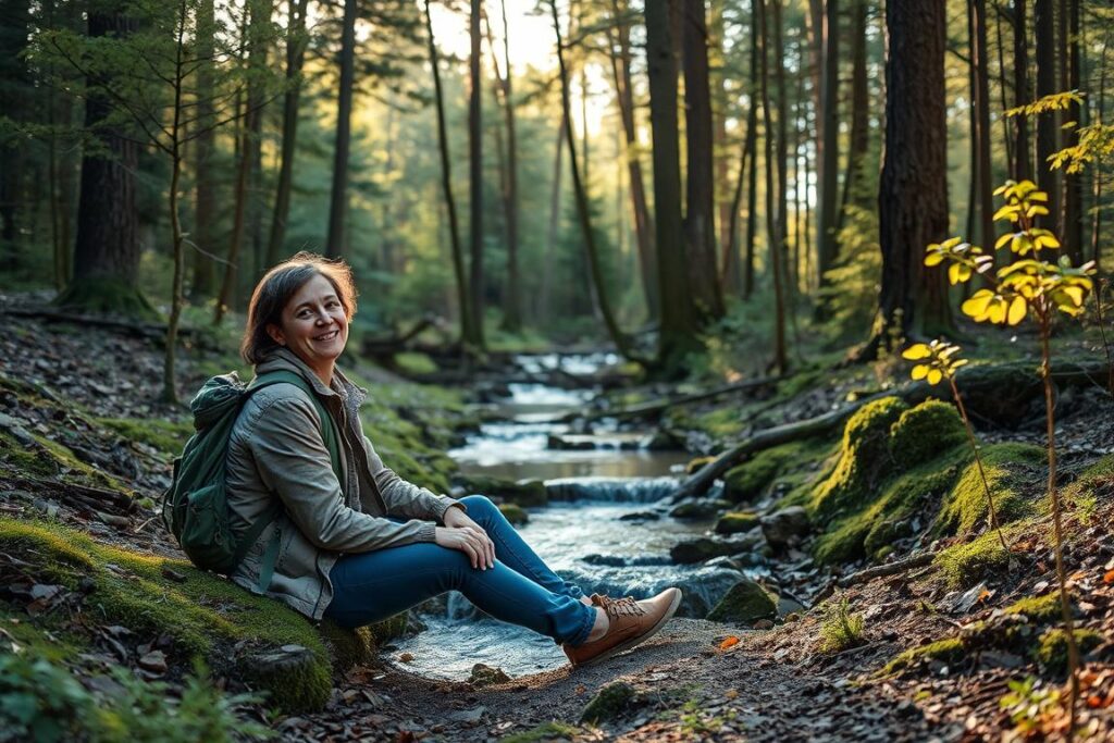 Pessoa relaxando durante caminhada na natureza próximo a um riacho