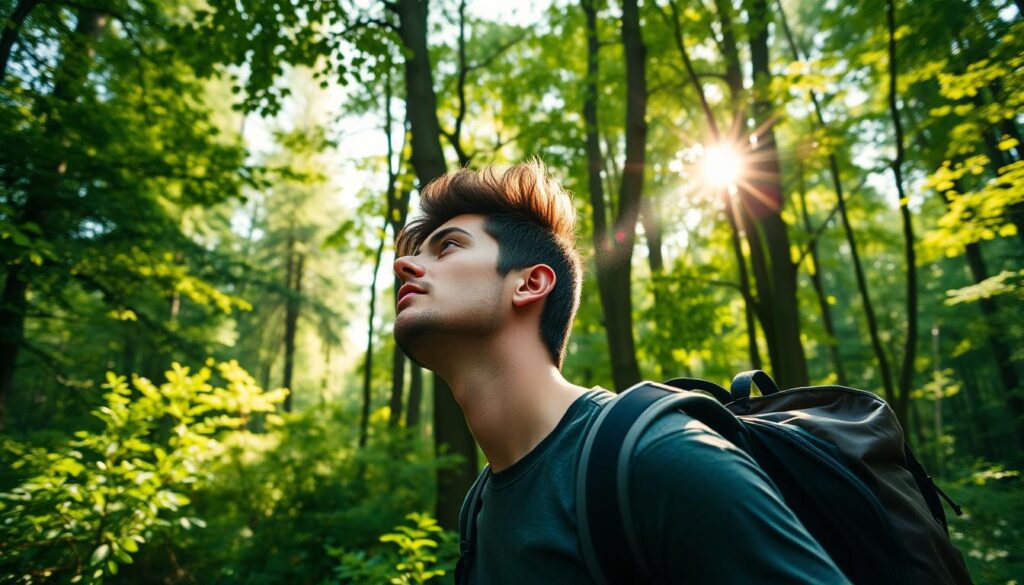 Pessoa respirando ar puro em floresta durante trilha, ilustrando benefícios respiratórios