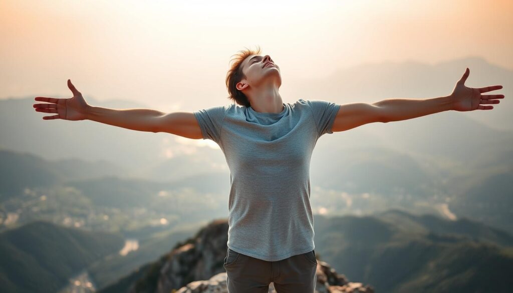 Pessoa respirando profundamente no topo de uma montanha após trilha