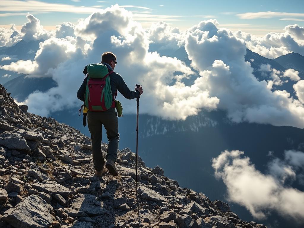 Pessoa superando desafio em trilha íngreme de montanha