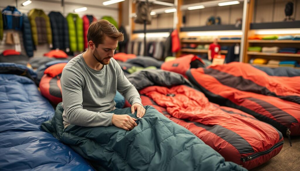 Pessoa testando diferentes sacos de dormir para avaliar o conforto