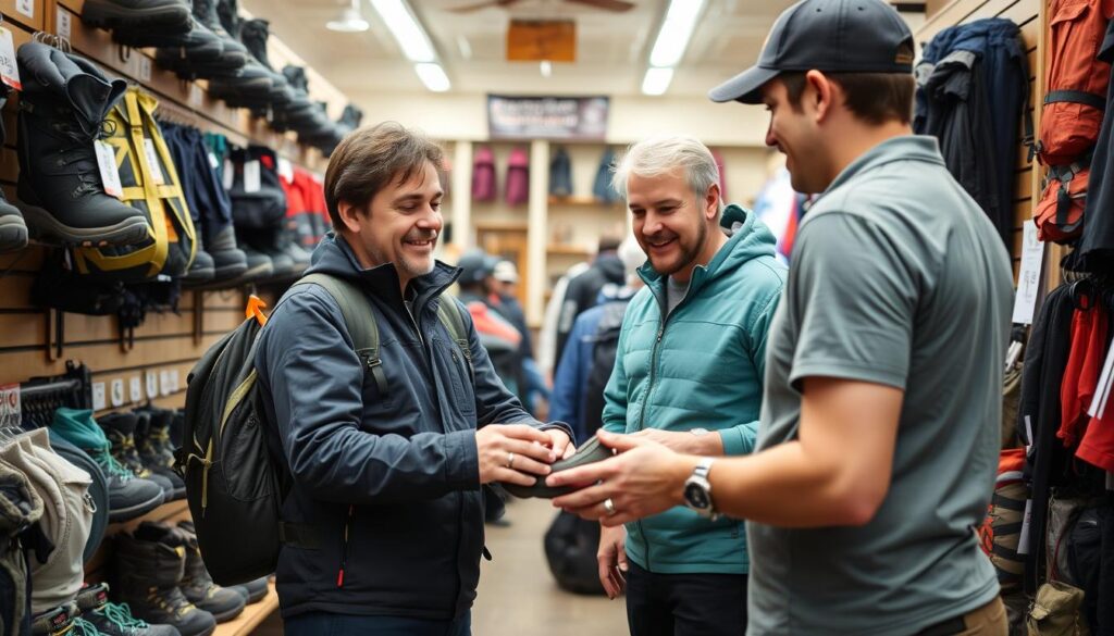 Pessoa testando equipamentos para trilha a pé em loja especializada