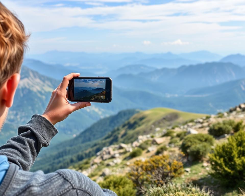 Pessoa tirando foto para o Instagram em uma trilha panorâmica