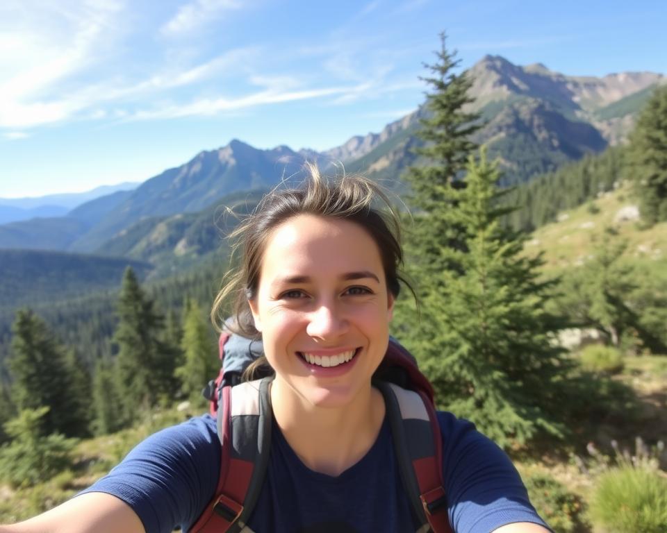 Pessoa tirando selfie durante caminhada em paisagem natural