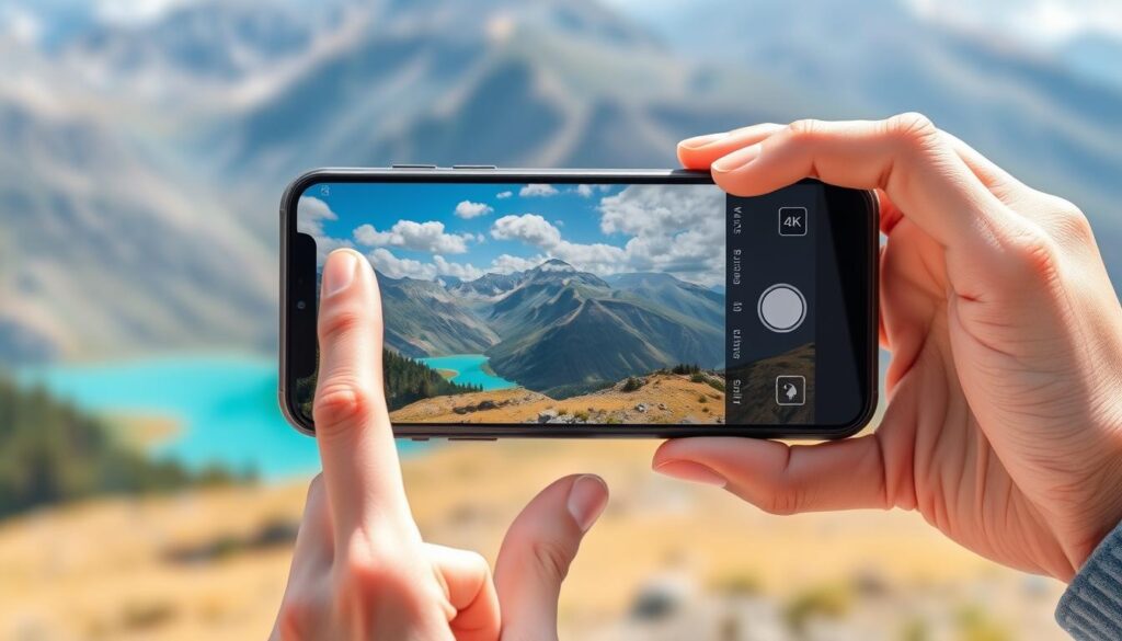 Pessoa tirando uma foto de paisagem natural com smartphone, representando o uso de frases de aventura em publicações de redes sociais