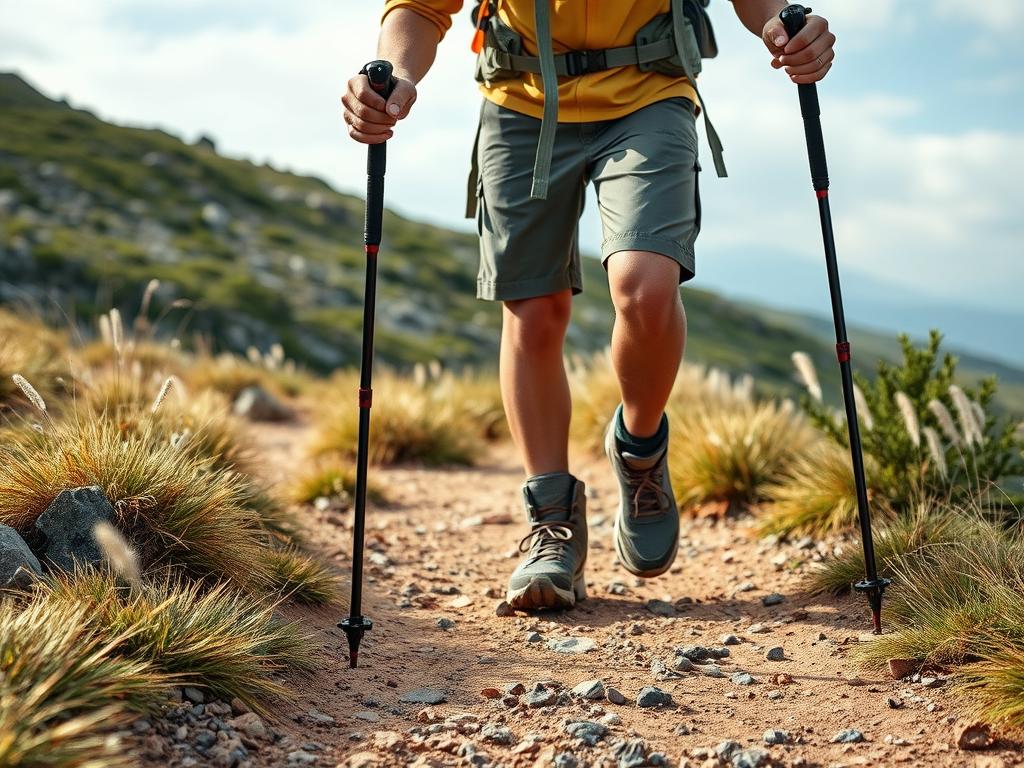 Pessoa usando bastões de caminhada em trilha