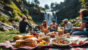 Pessoas fazendo piquenique próximo a uma cachoeira com diversos alimentos práticos espalhados sobre uma toalha