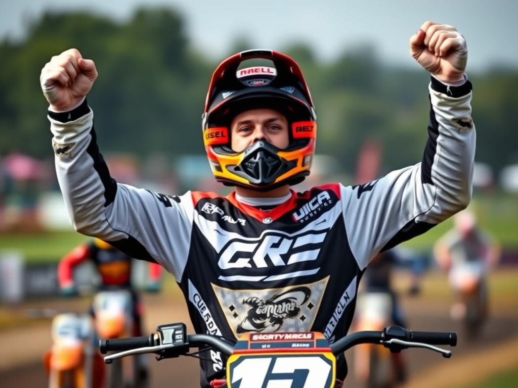 Piloto de motocross celebrando uma vitória com frases de motocross para status inspiradoras