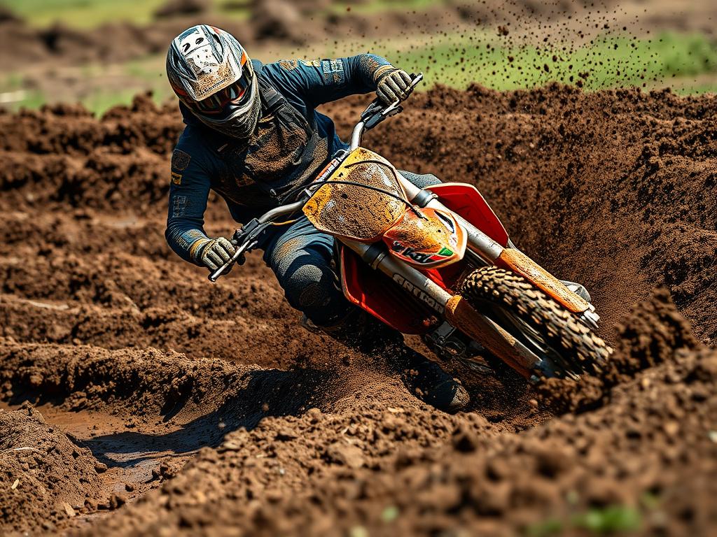 Piloto de motocross em ação na lama com sua moto, demonstrando a essência das frases de motocross para status
