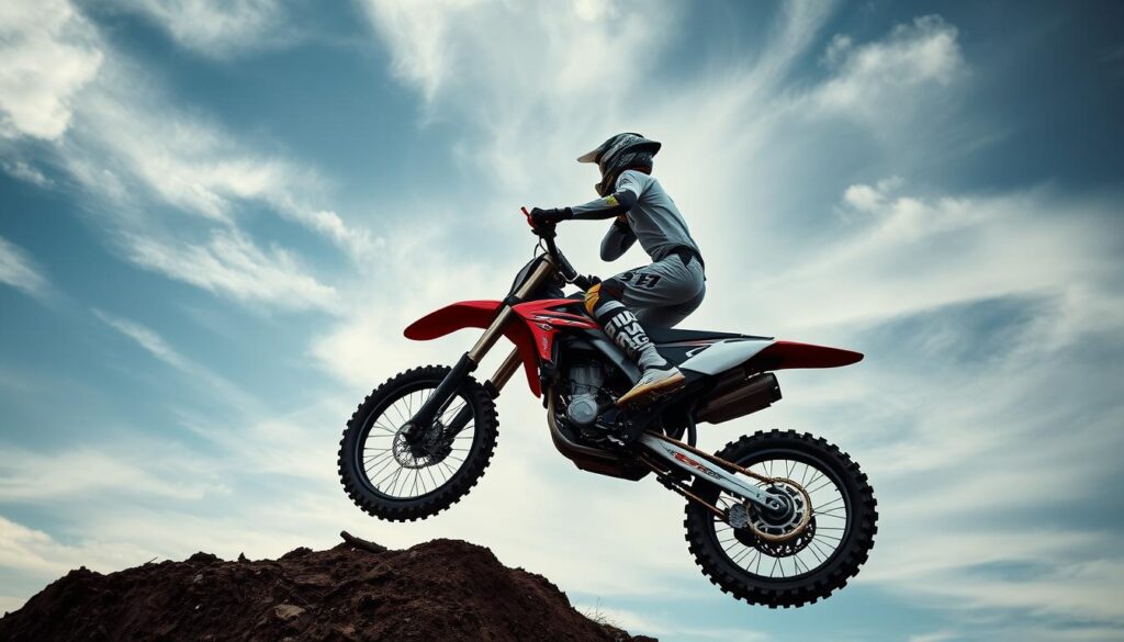 Piloto de motocross superando um obstáculo difícil com frases de motocross para status motivacionais