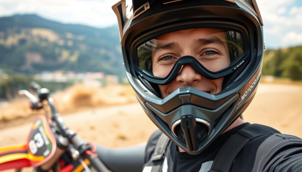 Piloto de motocross tirando uma selfie com sua moto para postar com frases de motocross para status