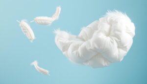 Plumas brancas e macias flutuando no ar, demonstrando a leveza do que é pluma como material de enchimento premium