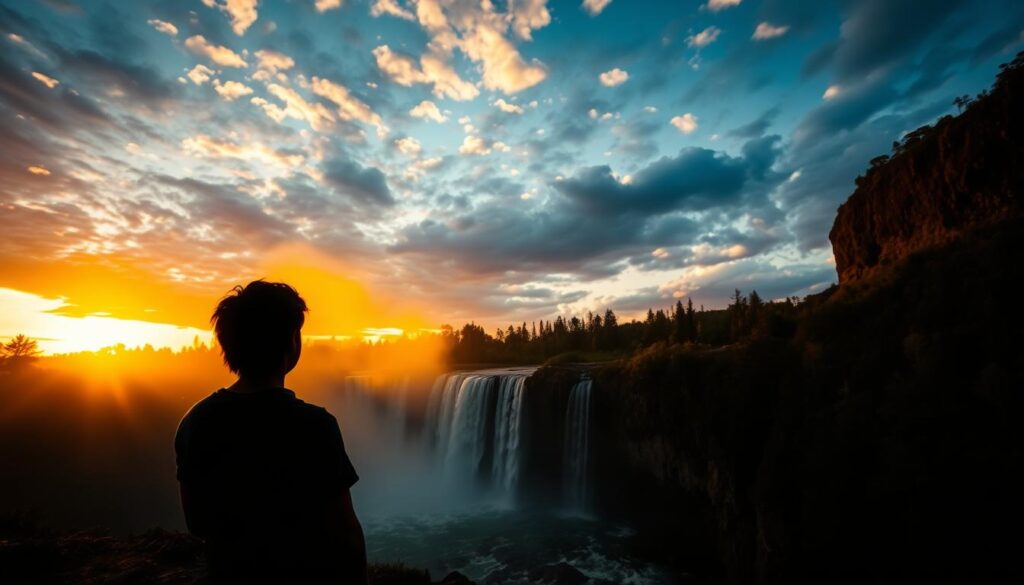 Pôr do sol em uma cachoeira com silhueta de pessoa contemplando a paisagem