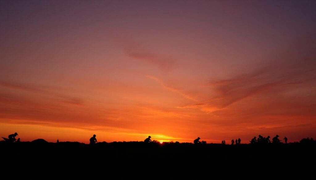 Pôr do sol em uma pista de motocross com silhuetas de motos e frases de motocross para status