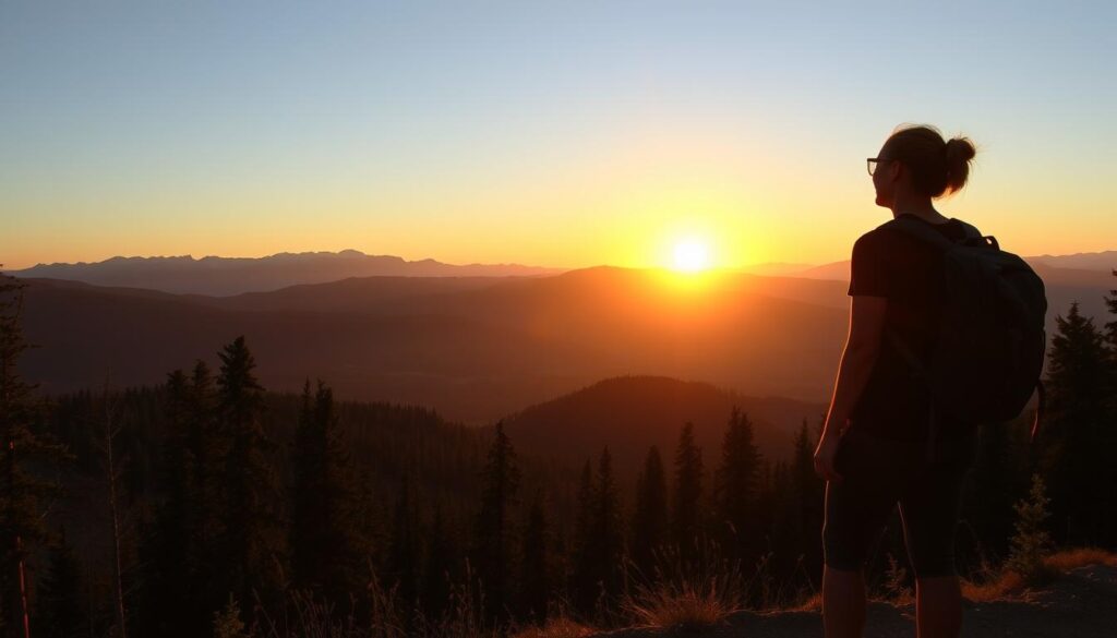 Pôr do sol visto durante caminhada na natureza
