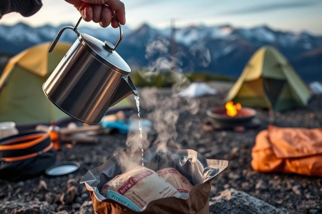 Refeição liofilizada sendo preparada com água quente em acampamento