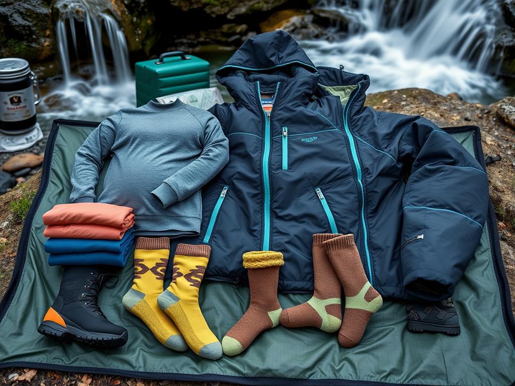 Roupas extras e equipamentos de proteção contra frio para acampar próximo a cachoeira