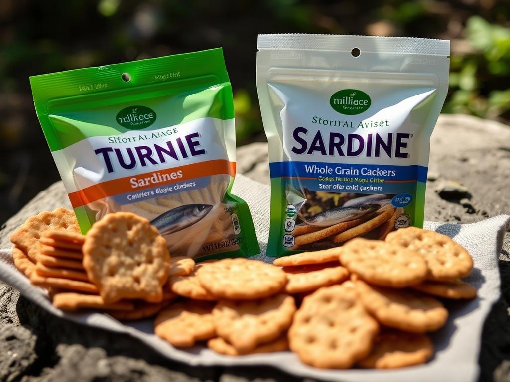 Sachês de atum e sardinha junto com biscoitos integrais, opções práticas de lanches para trilha