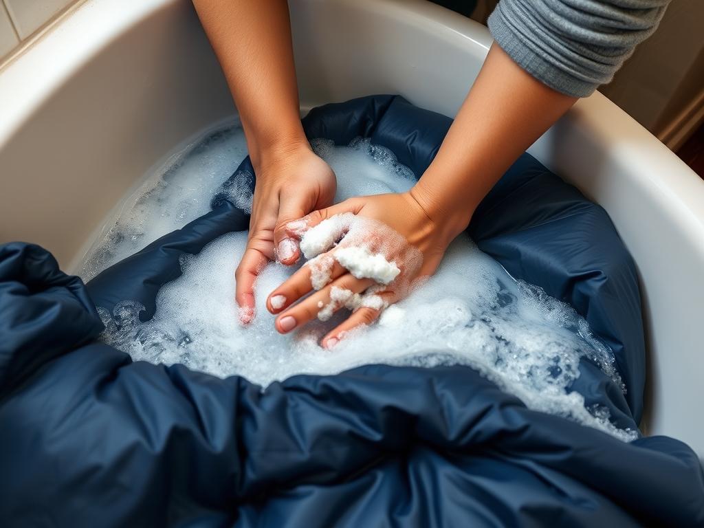 Saco de dormir sendo lavado à mão em uma banheira