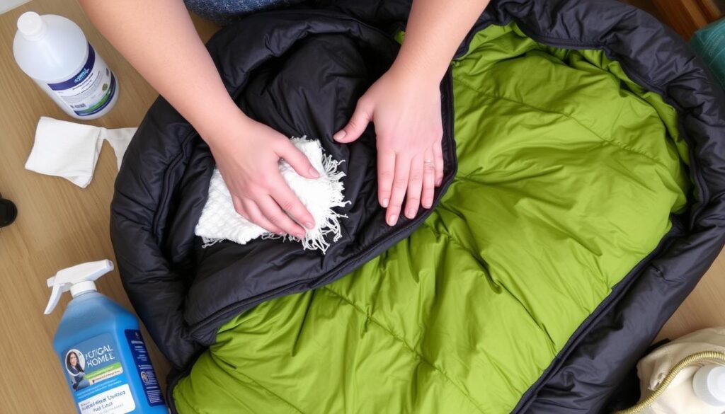Saco de dormir sintético sendo preparado para lavagem