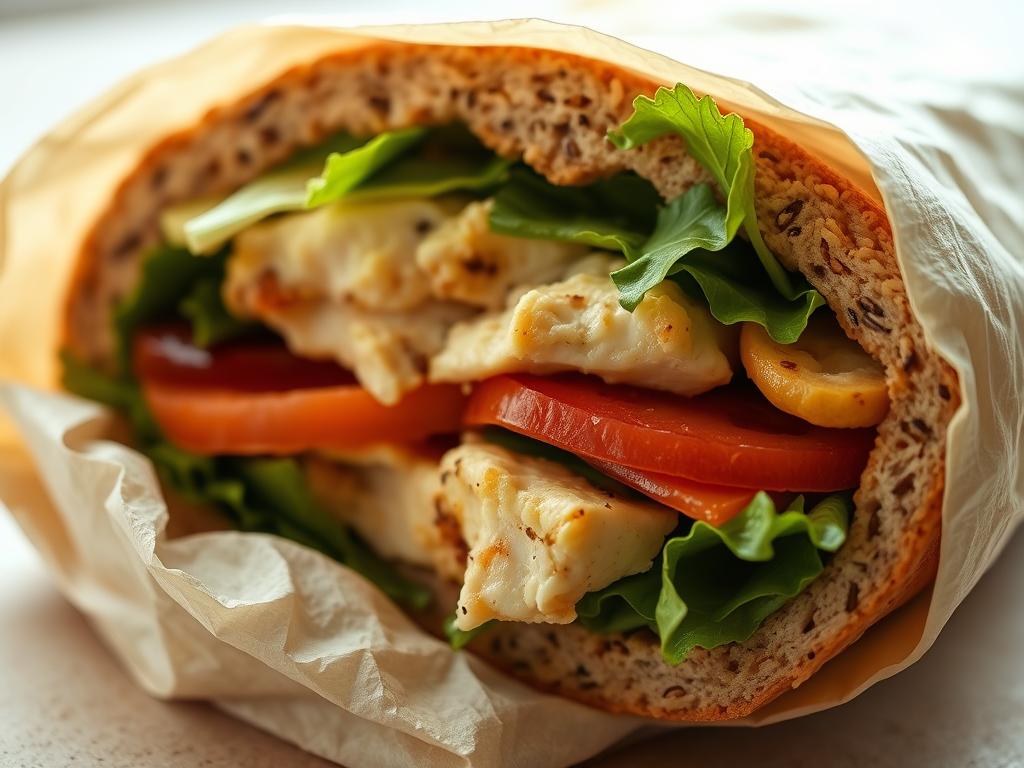 Sanduíche integral embalado, pronto para ser levado como lanche para trilha