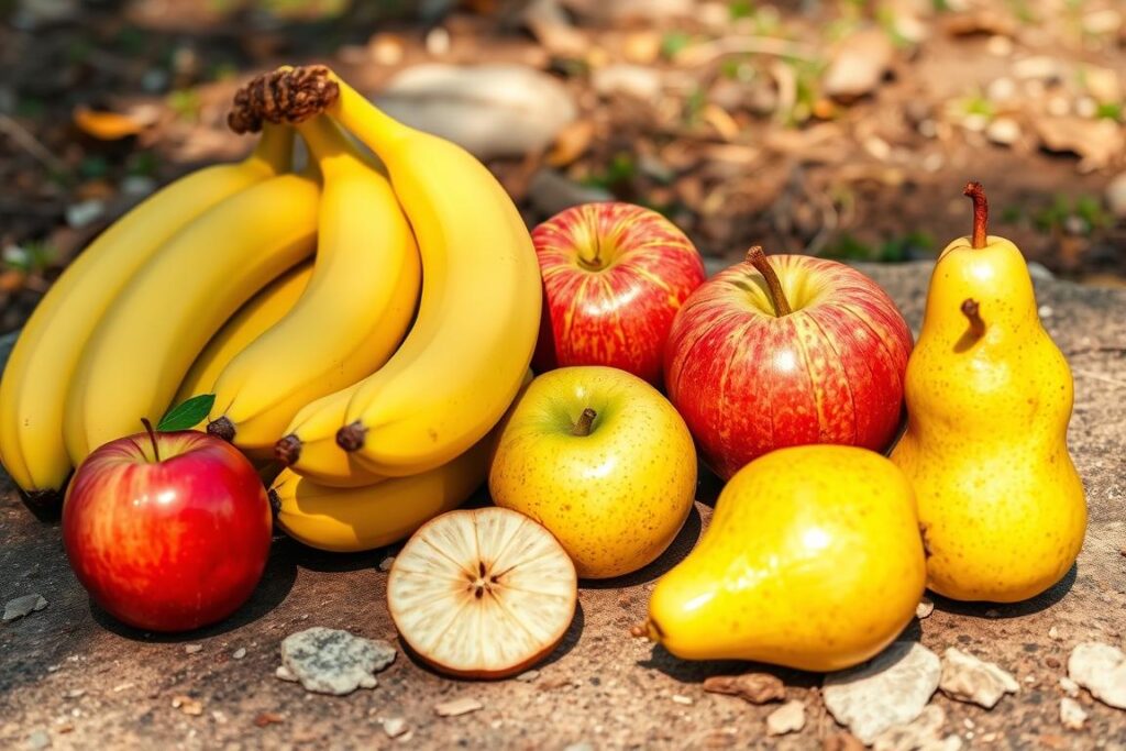 Seleção de frutas fáceis de transportar para cachoeiras como bananas, maçãs e peras