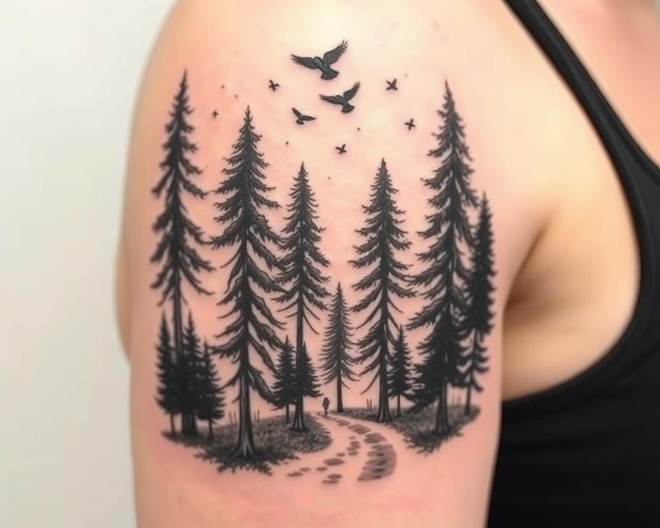 Tatuagem de trilha a pé com árvores e pássaros no braço
