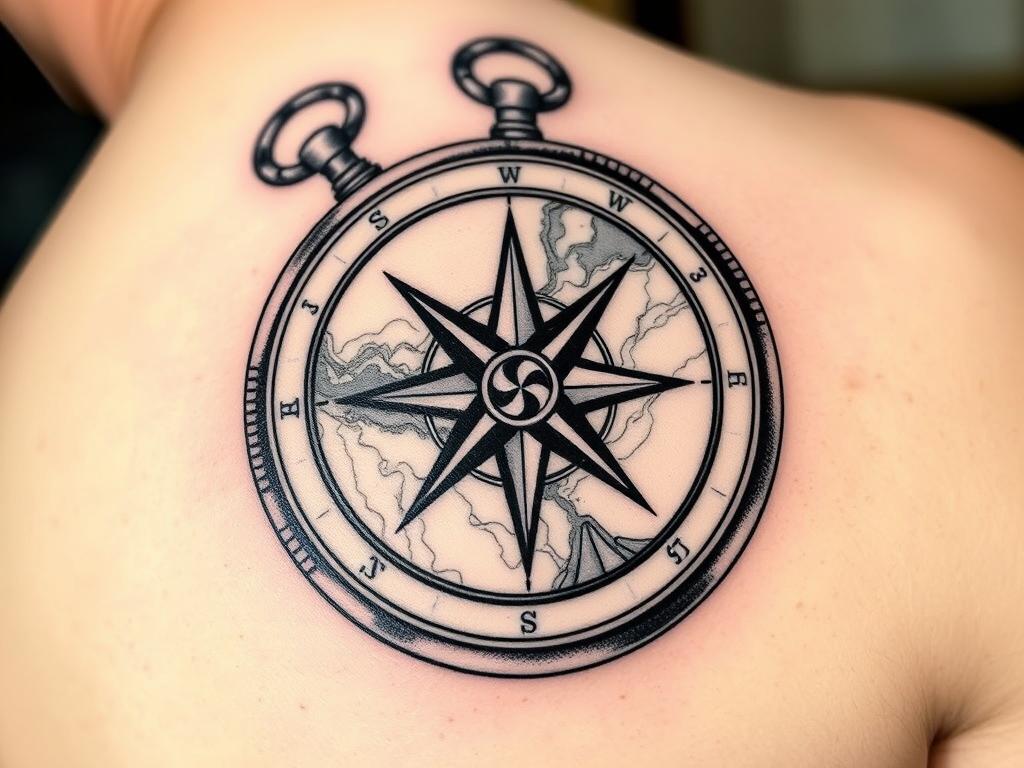 Tatuagem de trilha a pé com bússola e mapa no ombro