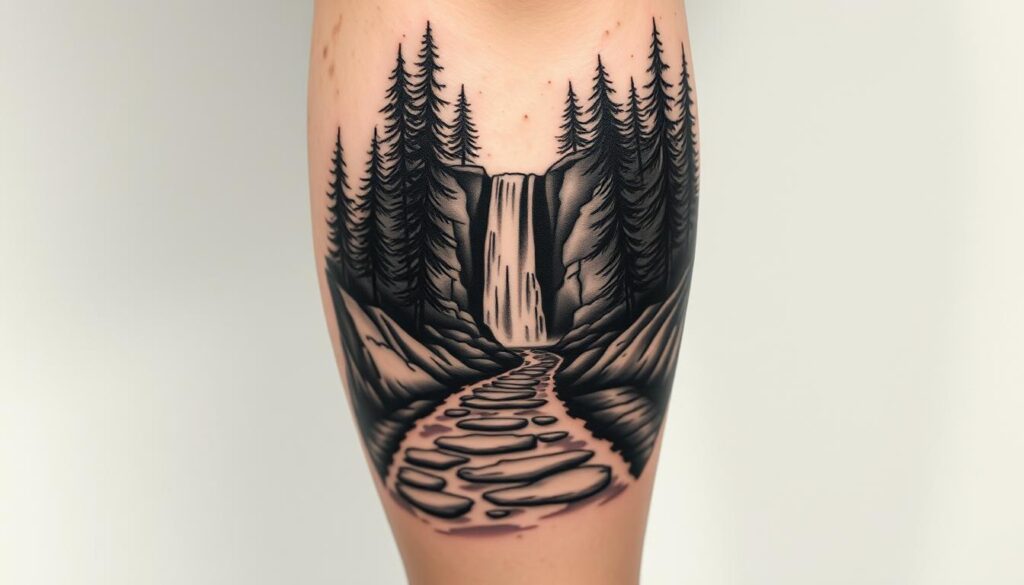 Tatuagem de trilha a pé com cachoeira e floresta na panturrilha