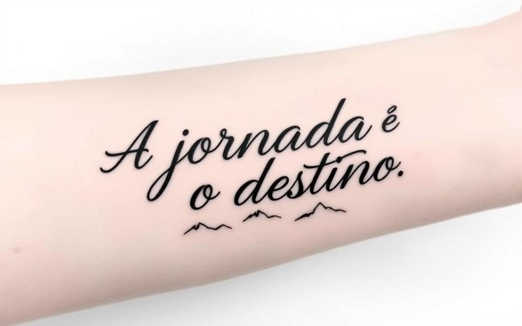 Tatuagem de trilha a pé com frase 'A jornada é o destino' e montanhas
