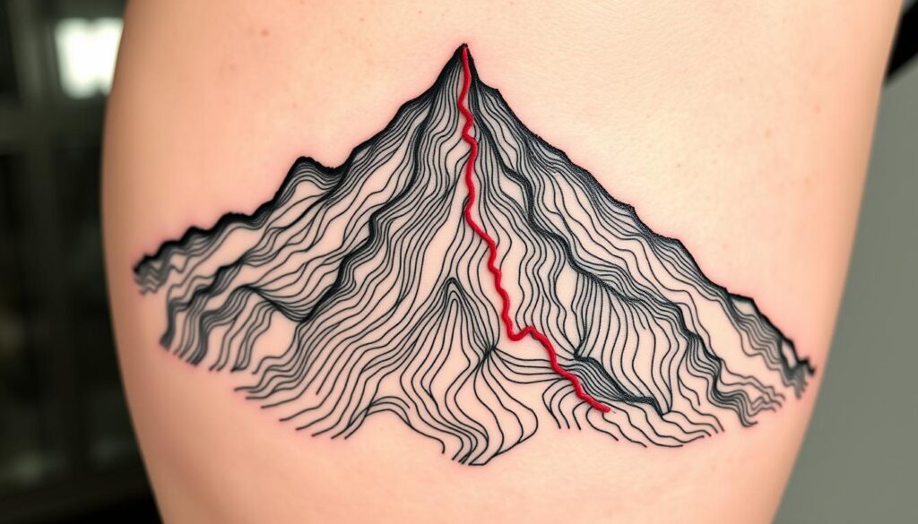 Tatuagem de trilha a pé com mapa topográfico formando uma montanha