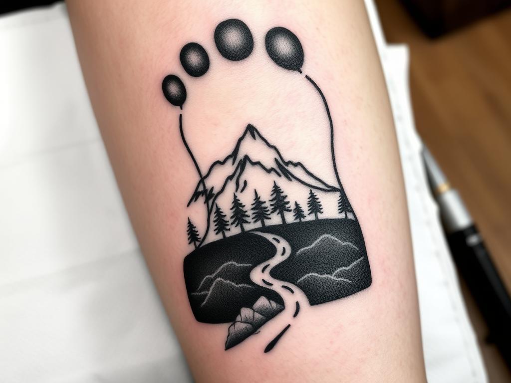 Tatuagem de trilha a pé com montanha dentro de uma pegada