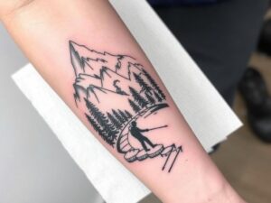 Tatuagem de trilha a pé com montanhas e floresta no antebraço