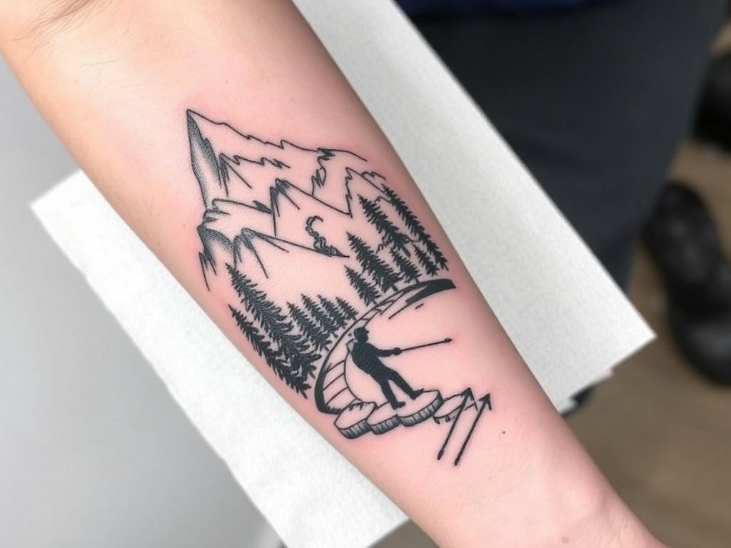 Tatuagem de trilha a pé com montanhas e floresta no antebraço