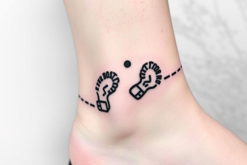 Tatuagem de trilha a pé com pegadas de bota no tornozelo