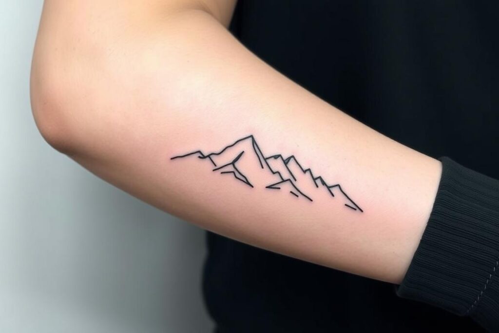 Tatuagem de trilha a pé com silhueta de montanhas no antebraço