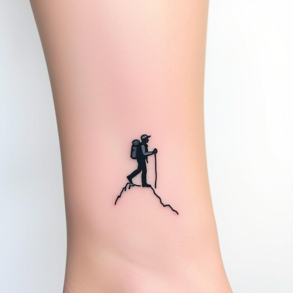 Tatuagem de trilha a pé com silhueta de pessoa com bastão de caminhada