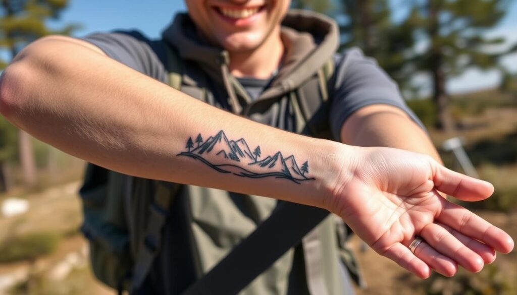 Tatuagem de trilha a pé finalizada com pessoa mostrando orgulhosamente seu design