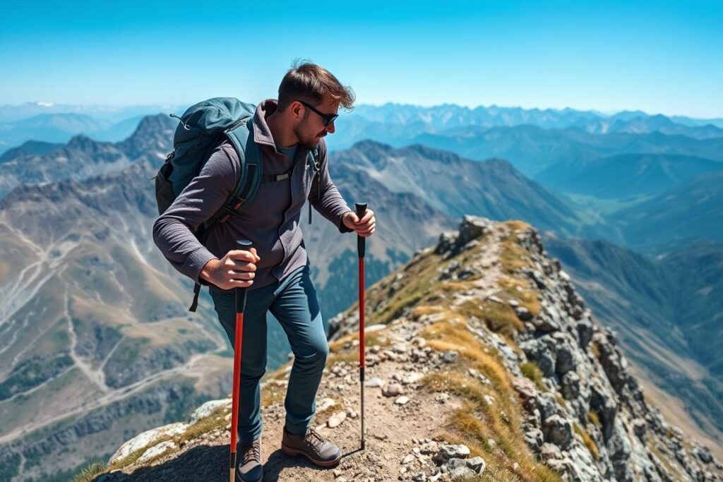 Trekker em montanha alta ouvindo música motivacional durante subida