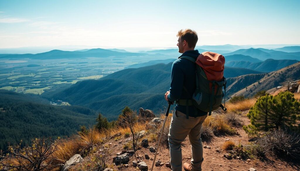 Trilheiro contemplando paisagem após concluir trilha com equipamentos adequados