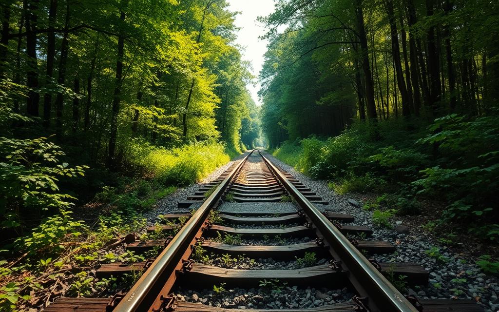 Trilhos de trem antigos em meio à natureza exuberante