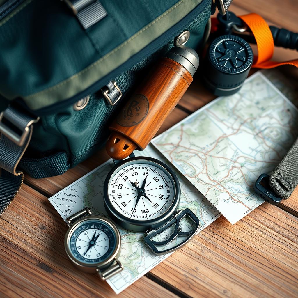 Uma mochila de aventura com equipamentos ao lado de uma bússola e um mapa, representando o espírito aventureiro das frases curtas