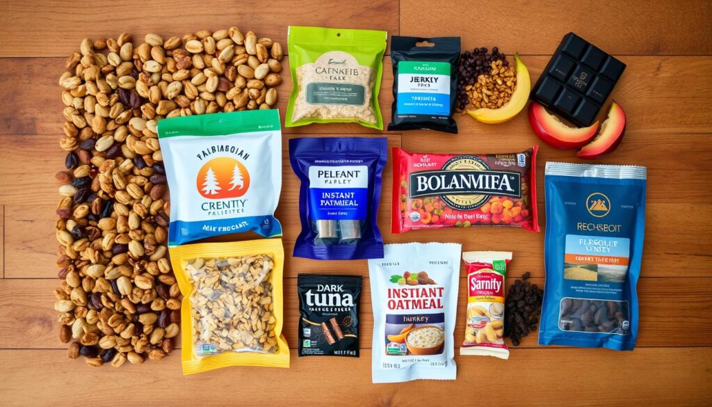 Variedade de alimentos não perecíveis ideais para trekking