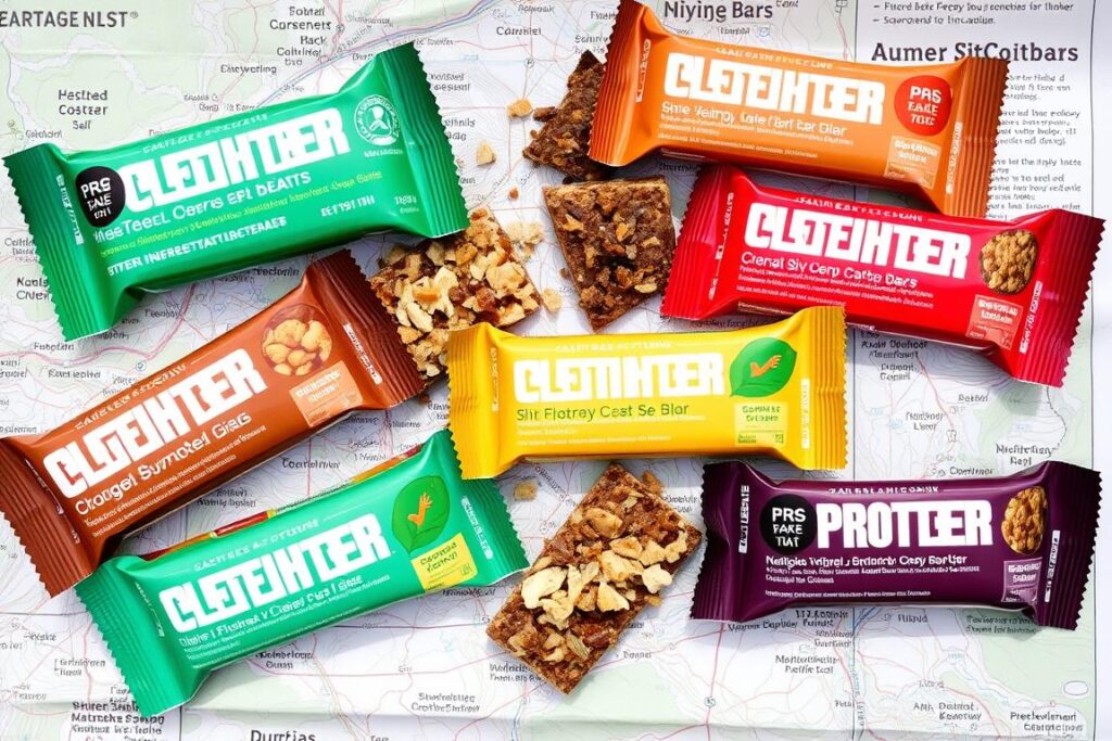 Variedade de barras de cereais e proteína, ideais como lanches para trilha