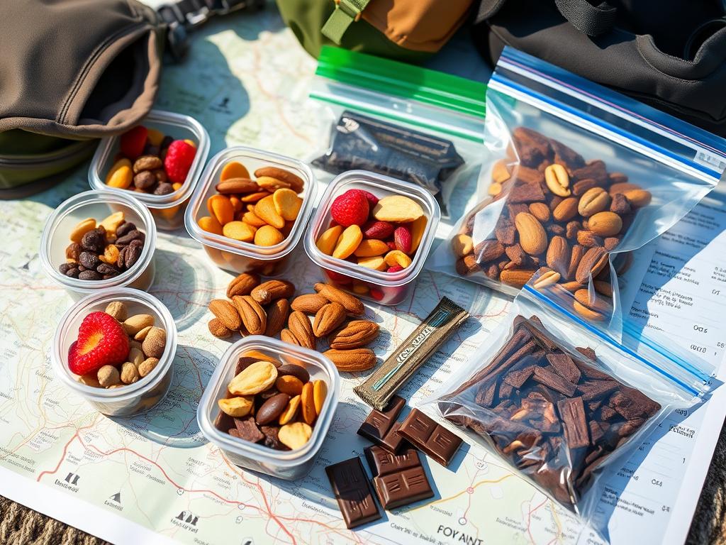Variedade de lanches energéticos para trilha organizados em pequenos recipientes
