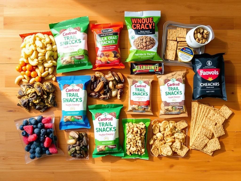 Variedade de lanches para trilha organizados em uma mesa, incluindo frutas secas, barras de cereais e castanhas